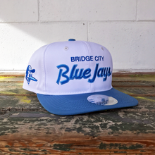 Load image into Gallery viewer, Bridge City Blue Jays — Retro Script — Dynasty Snapback — White / Blue